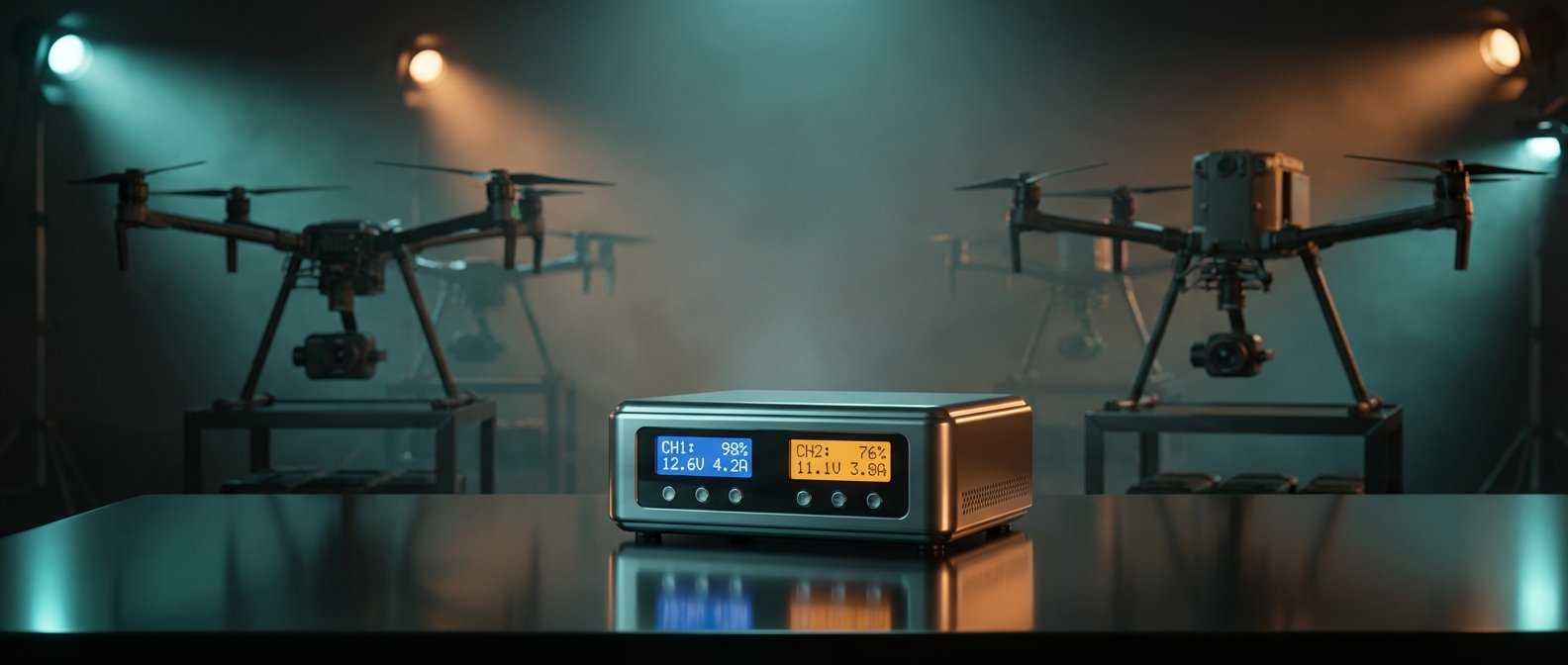 Dispositivo de carga inteligente con dos pantallas digitales mostrando el estado de las baterías (CH1: 98%, 12.6V, 4.2A; CH2: 76%, 11.1V, 3.9A) sobre una superficie reflectante. En el fondo, se aprecian dos drones profesionales con cámaras, en un estudio con iluminación azul y naranja.