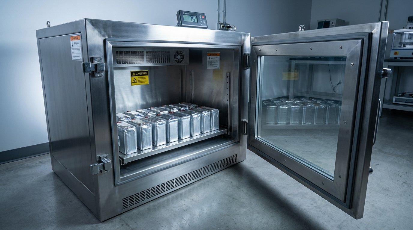 Horno industrial de acero inoxidable con la puerta de cristal abierta, mostrando una bandeja llena de paquetes rectangulares plateados en su interior. En la parte superior hay una pantalla digital que indica el número 75.