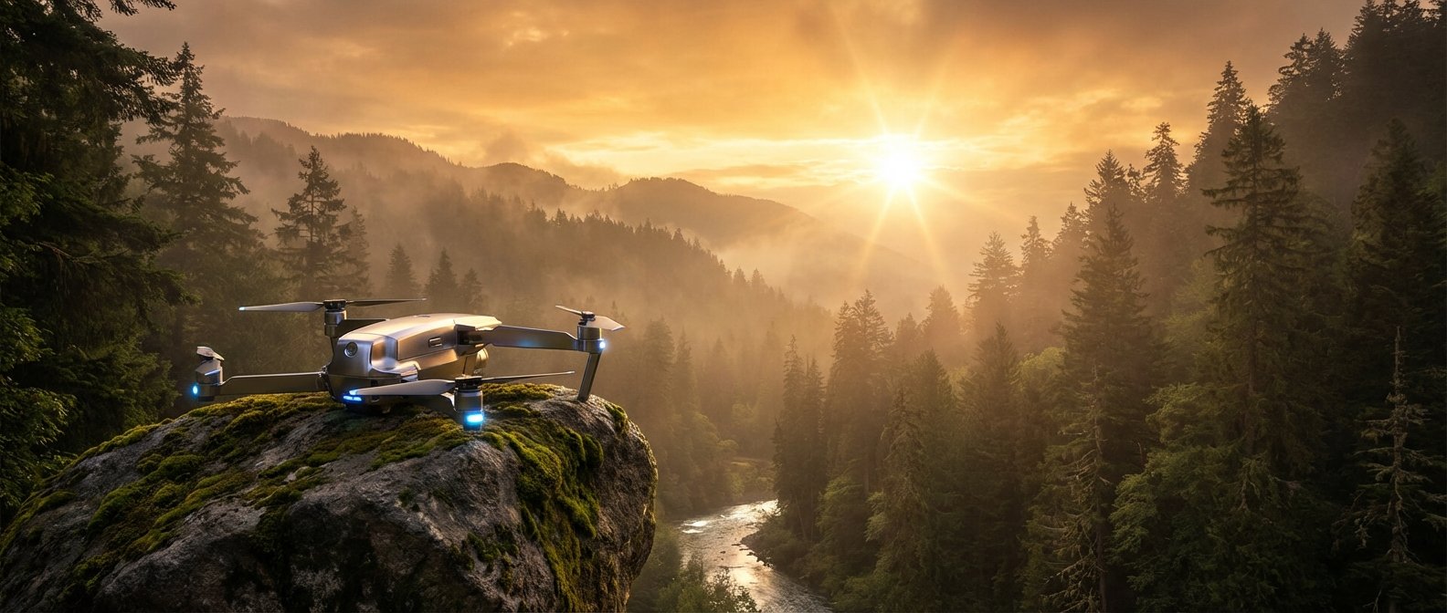 Dron moderno plateado con luces azules posado en una roca musgosa, con un paisaje montañoso boscoso cubierto de niebla, un río en el valle y un sol brillante al atardecer.