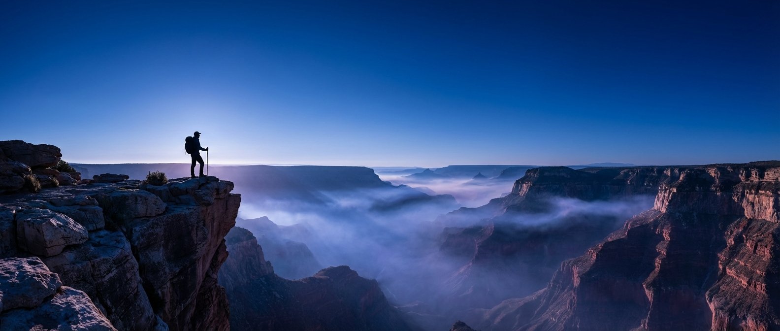 Silueta de un senderista con mochila y bastón de trekking en el borde de un acantilado rocoso, contemplando un vasto cañón con valles cubiertos de niebla azul bajo un cielo azul claro.