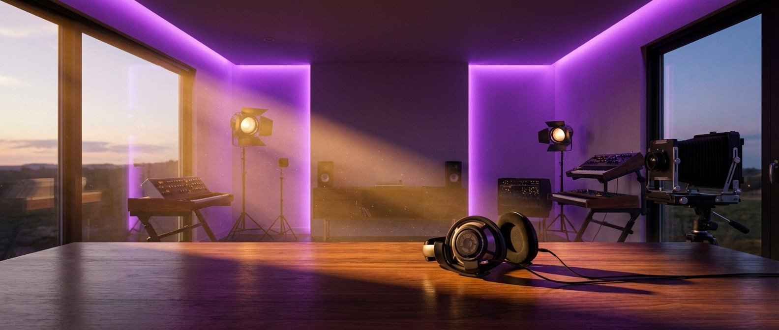 Estudio creativo con un escritorio de madera, auriculares en primer plano, sintetizadores, luces de estudio, altavoces, una cámara de gran formato, grandes ventanas con vista al atardecer y luces LED moradas en el techo.
