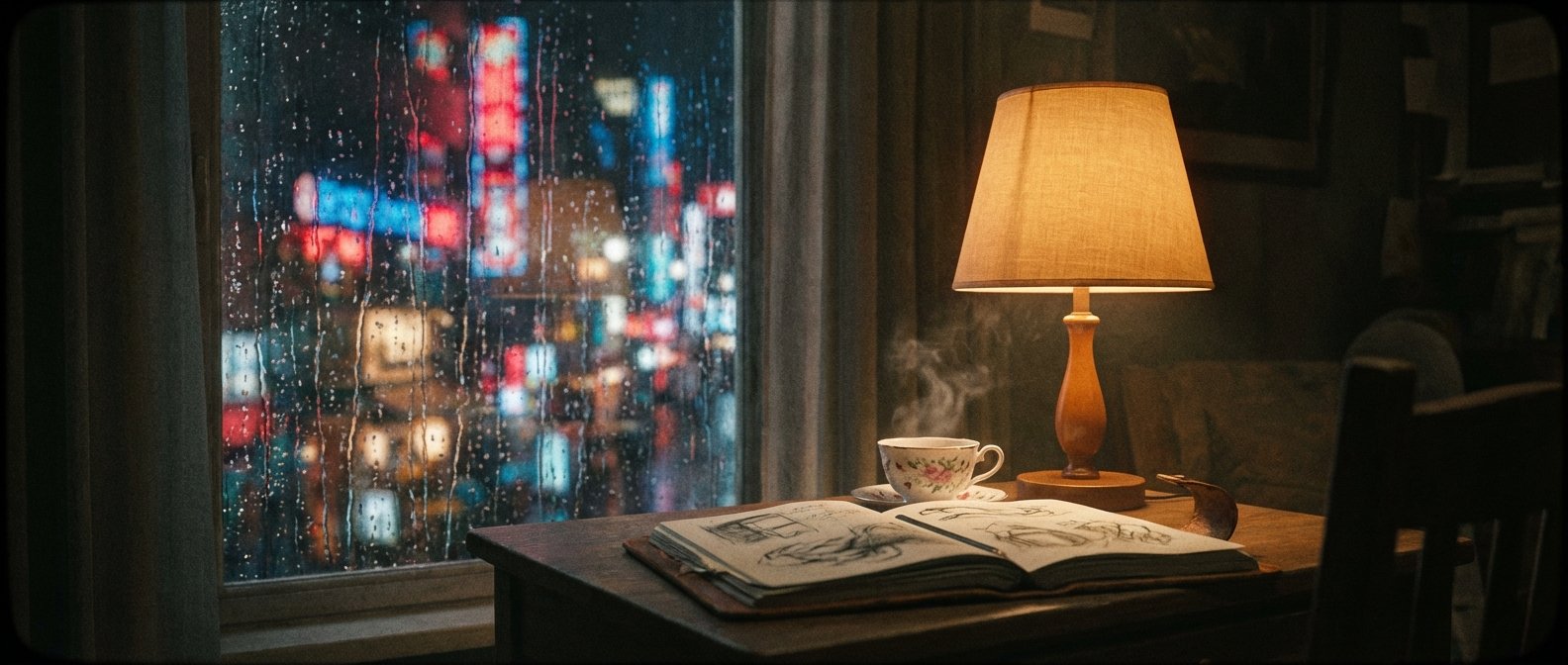 Vista de una mesa de estudio junto a una ventana en una noche lluviosa. En la mesa hay un cuaderno de bocetos abierto con un lápiz, una taza de té humeante y una lámpara encendida. Las luces de la ciudad se reflejan borrosas en el cristal mojado por la lluvia.