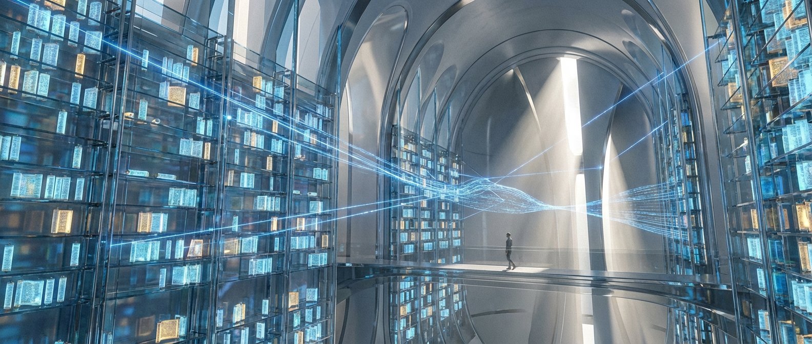 Gran biblioteca futurista con estanterías transparentes llenas de libros digitales luminosos en tonos azules y dorados. Un patrón de líneas y partículas azules brillantes atraviesa el centro, conectando la información. Una persona camina en la inmensidad del espacio, que tiene techos abovedados y un suelo reflectante.
