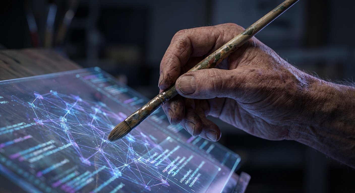 Mano de persona mayor sosteniendo un pincel y tocando una tableta transparente que muestra una red de datos luminosa y texto.