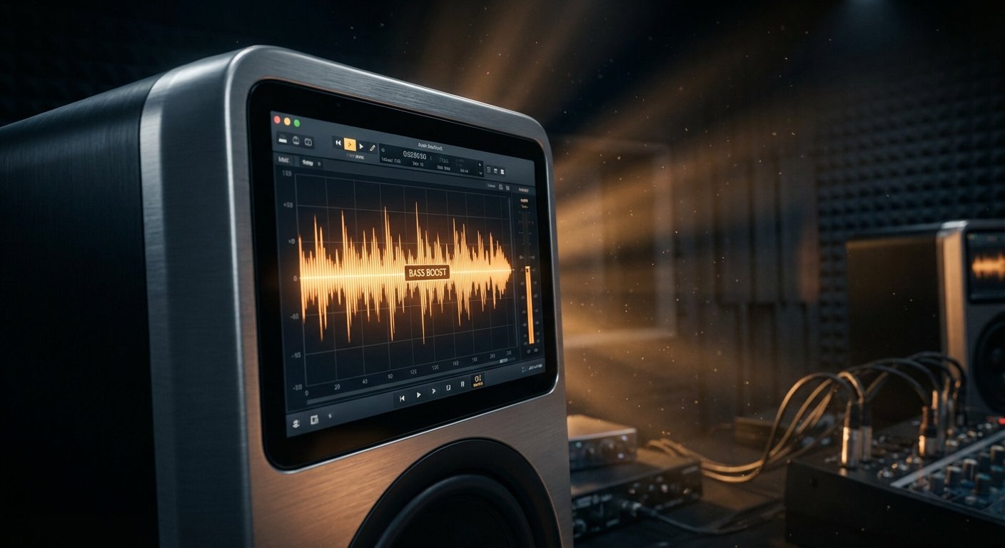 Monitor de estudio profesional con pantalla integrada mostrando una forma de onda de audio en naranja y el texto 'BASS BOOST', ubicado en un estudio de grabación con equipo de mezcla y paneles acústicos al fondo.