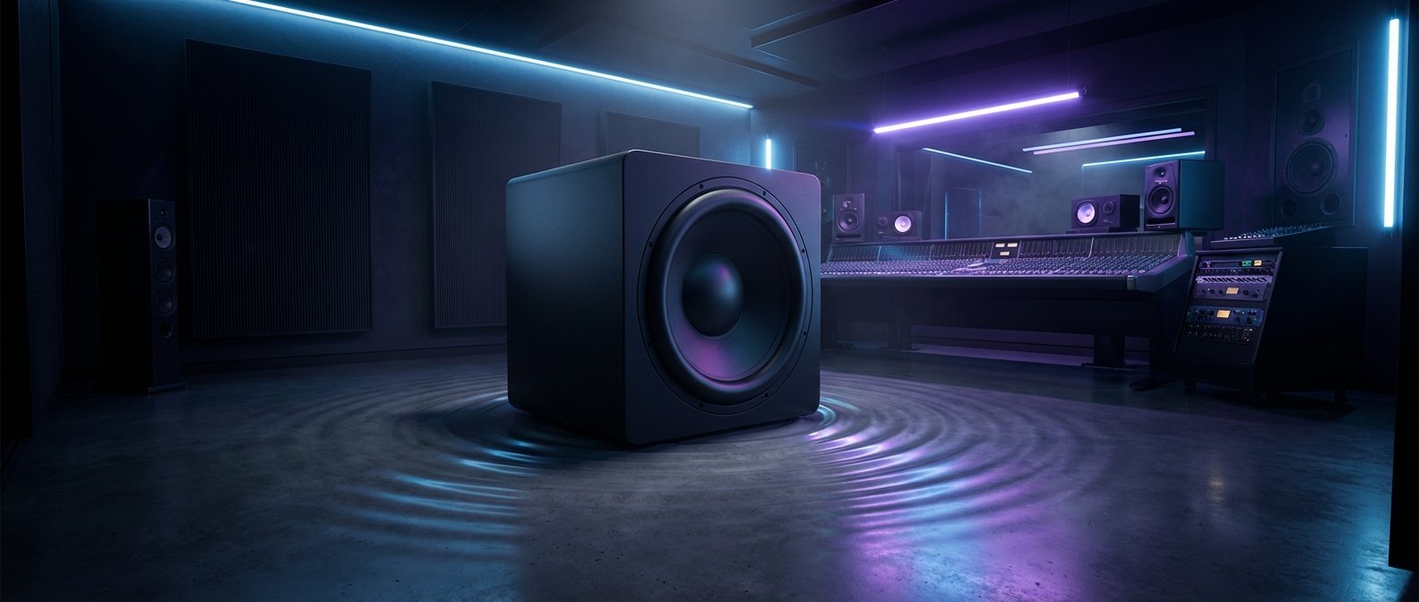 Un gran subwoofer negro en el centro de un estudio de grabación profesional con ondas de luz azul y morada en el suelo de hormigón. El estudio está equipado con una mesa de mezclas, monitores de audio, paneles acústicos y racks de equipo, todo iluminado con luces de neón.