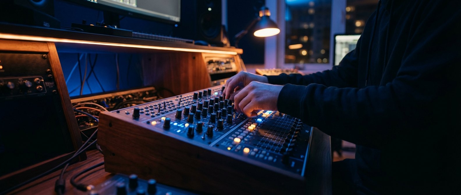 Manos de una persona ajustando los controles de una mesa de mezclas o sintetizador en un estudio de música con iluminación azul y naranja. Se ven monitores, altavoces y equipo de audio profesional en el fondo, junto a una ventana con luces de la ciudad.