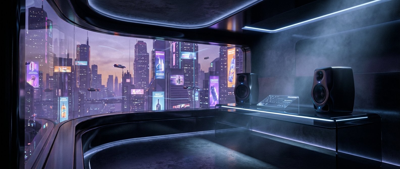 Habitación futurista con una ventana curva que mira a una ciudad cyberpunk con rascacielos iluminados, carteles de neón y vehículos voladores. En el interior, una mesa elegante con iluminación azul sostiene dos altavoces de estudio y una interfaz de control transparente.