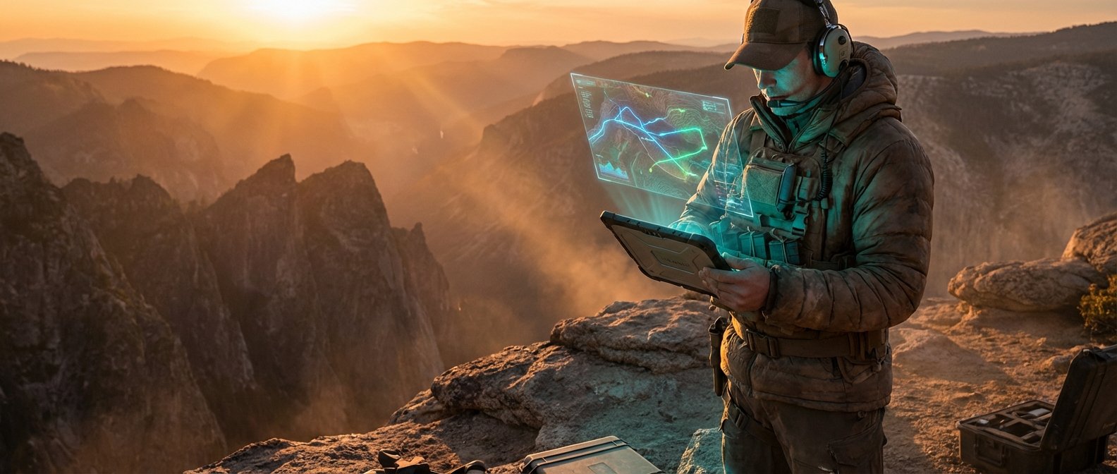 Hombre con equipo táctico y auriculares operando una tablet que proyecta una interfaz holográfica con un mapa y datos, de pie en una cima de montaña con un atardecer naranja de fondo.