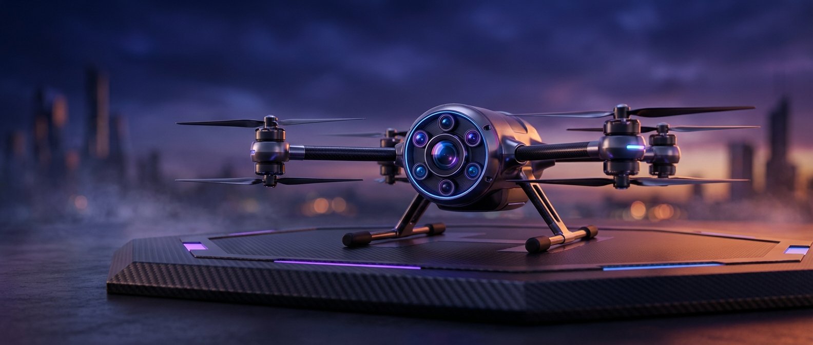 Dron de vigilancia con múltiples cámaras y luces LED sobre una plataforma de aterrizaje de fibra de carbono, con una ciudad borrosa al fondo al anochecer.