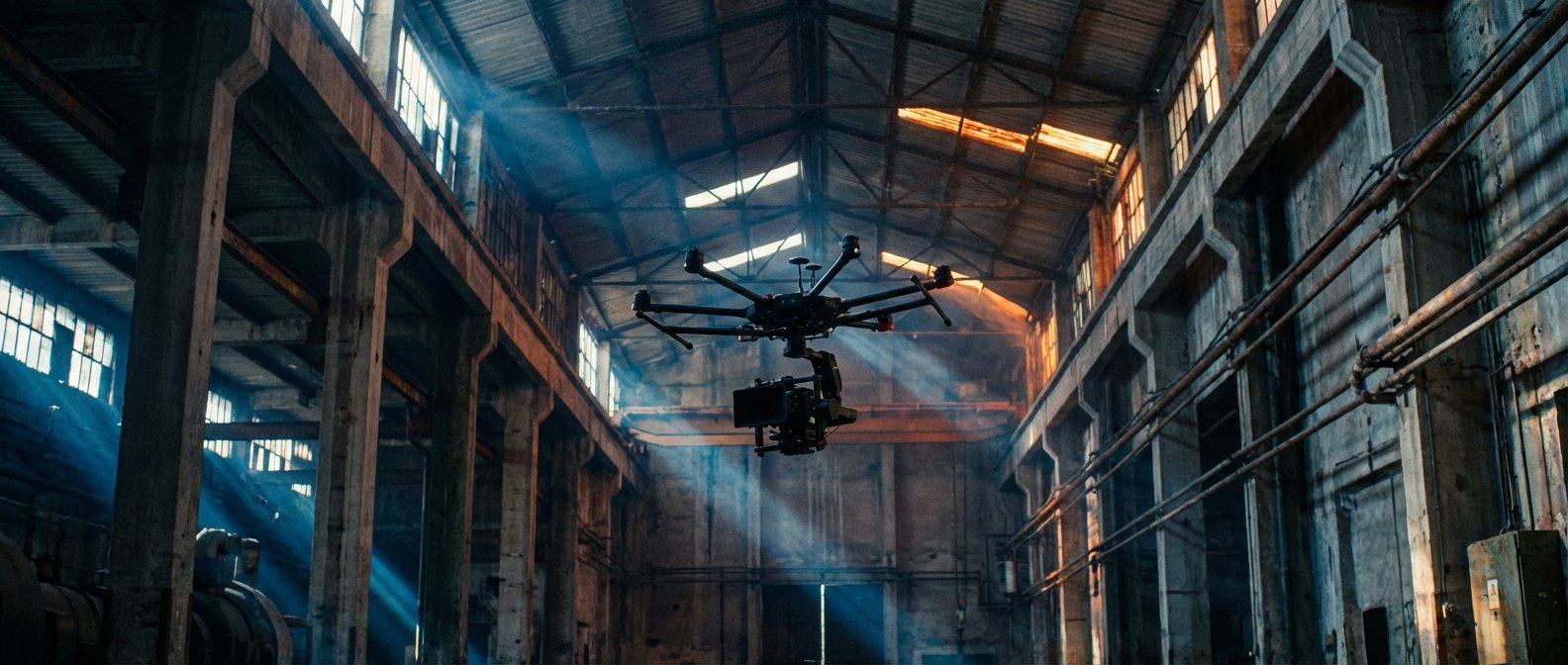 Drone profesional octocóptero con cámara volando dentro de una nave industrial abandonada, con haces de luz solar visibles a través del polvo del ambiente.