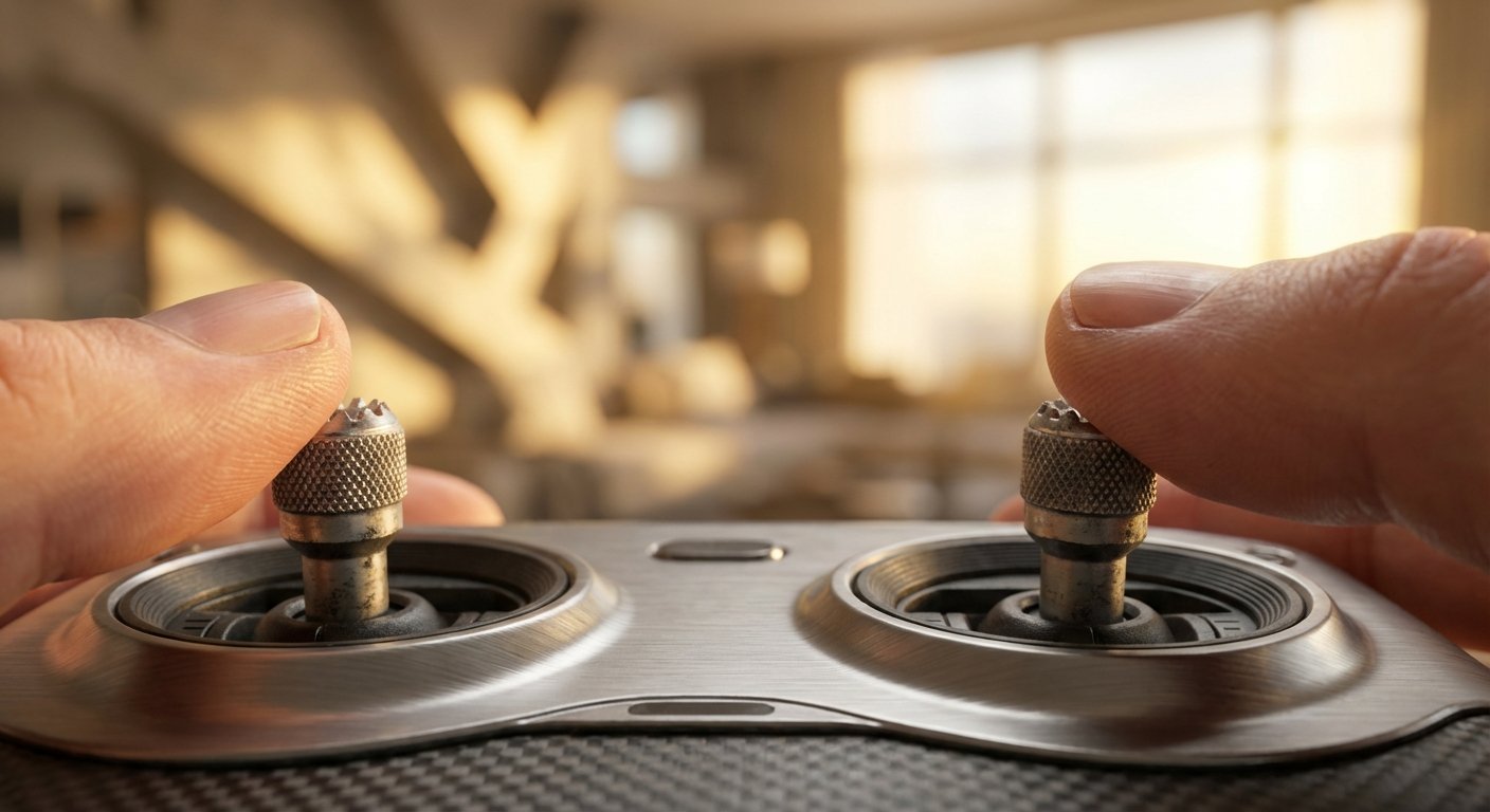 Primer plano de dos pulgares manipulando los joysticks de un control remoto con acabados metálicos y de fibra de carbono. El fondo desenfocado muestra un interior luminoso.