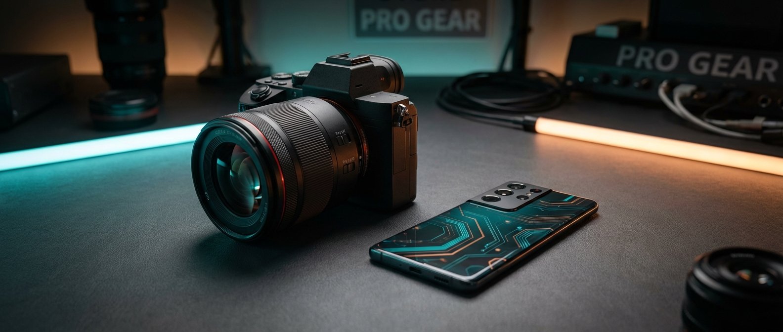 Cámara mirrorless negra con objetivo montado y un smartphone con diseño de circuito en la parte trasera, ambos sobre una superficie oscura. En el fondo, luces LED de colores azul y naranja, junto a equipos que muestran el texto 'PRO GEAR'.