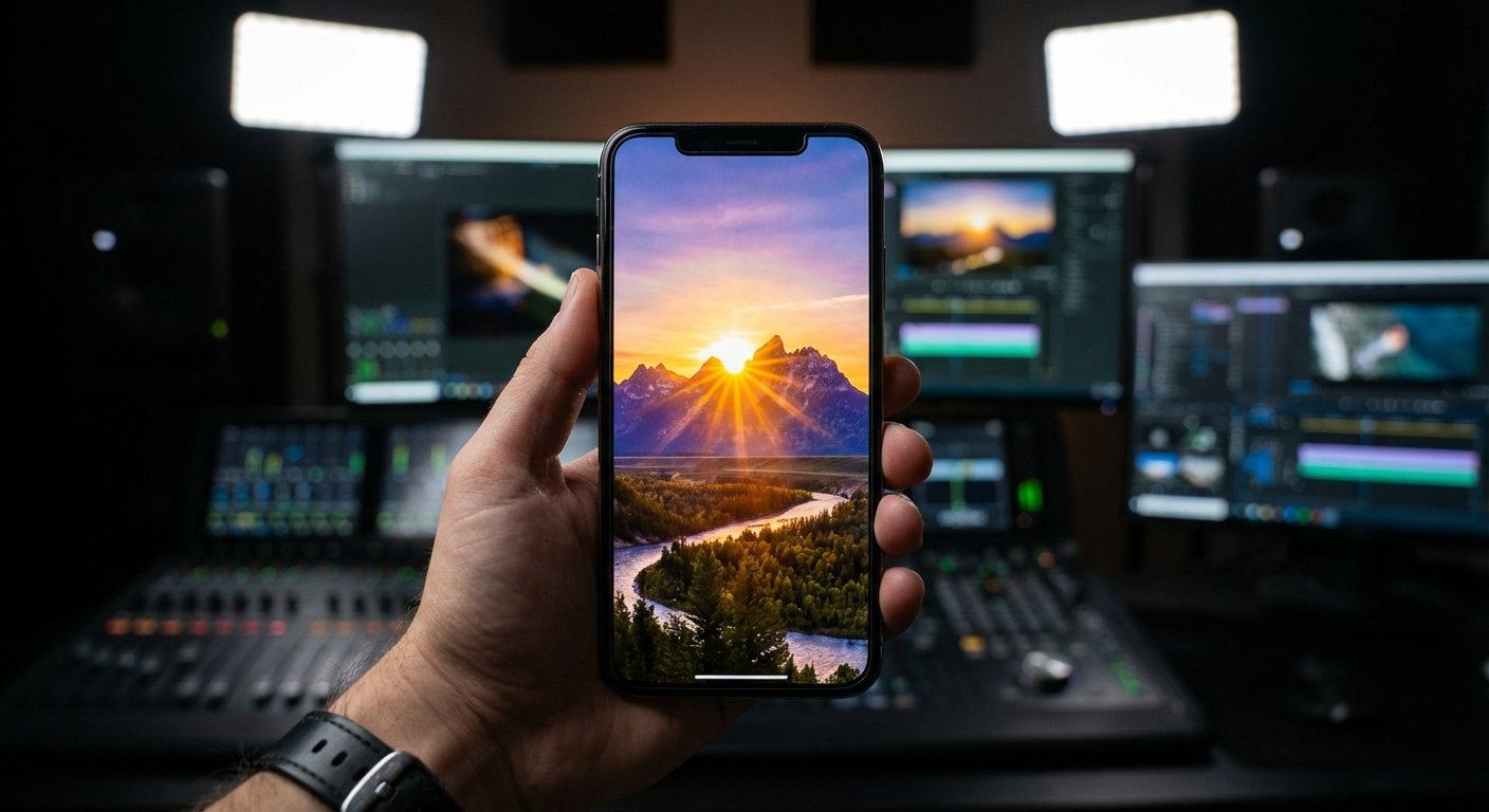 Mano sosteniendo un iPhone que muestra una imagen de un atardecer sobre montañas con un río y bosque, en el fondo borroso de un estudio de edición de video con monitores y mesas de mezcla.