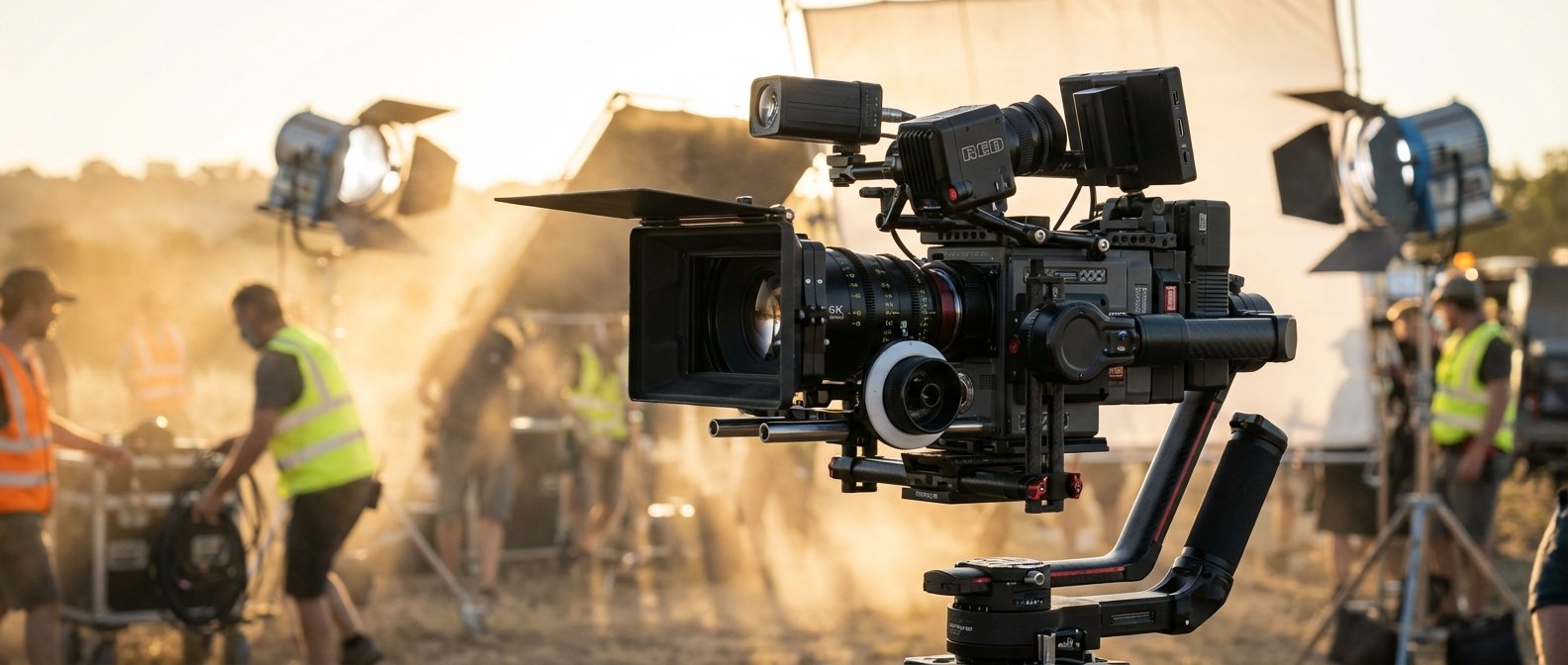 Cámara de cine profesional RED 6K con matte box en un gimbal, en un set de rodaje exterior. Técnicos de producción y luces de cine se ven difuminados en el fondo con polvo ambiental.