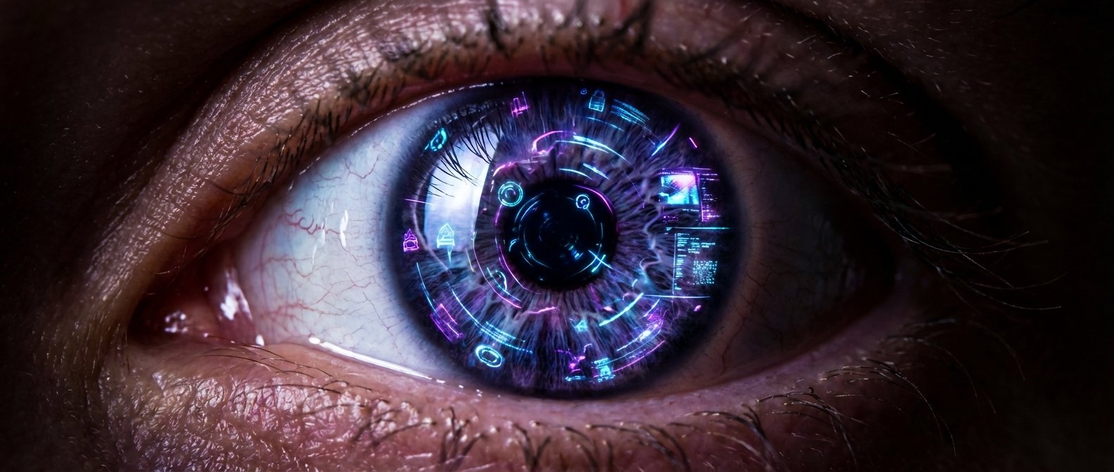 Primer plano de un ojo humano con una interfaz digital futurista superpuesta en el iris, mostrando iconos y datos brillantes en tonos azules y morados.
