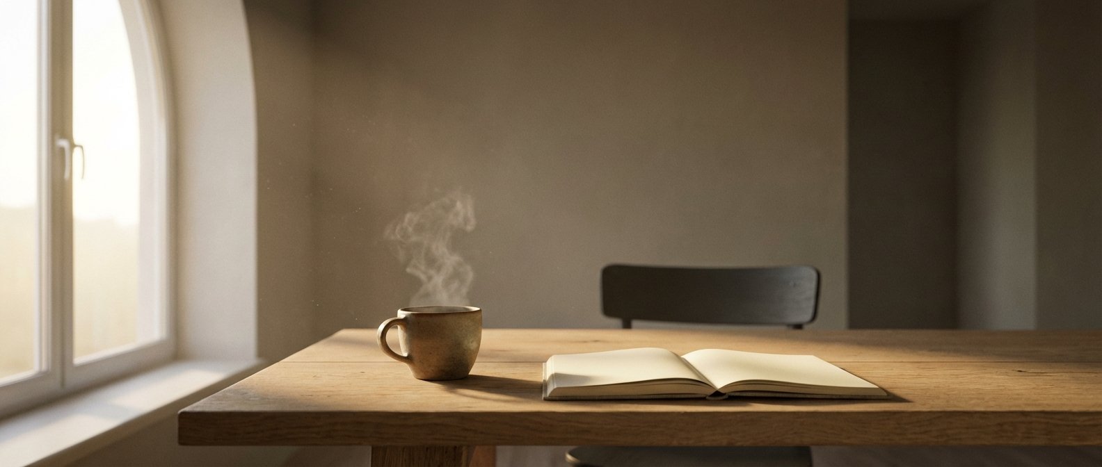 Una taza de café humeante y un libro abierto sobre una mesa de madera, iluminados por la luz que entra por una ventana.} {