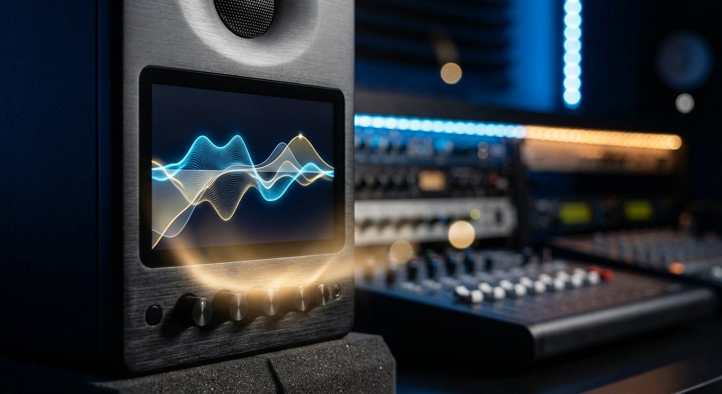 Altavoz monitor de estudio con pantalla que muestra ondas de audio en tonos azules y naranjas, y controles iluminados. Al fondo, una mesa de mezclas borrosa y luces LED de estudio.