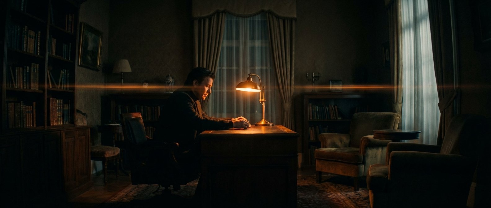 Hombre con traje oscuro sentado en un escritorio de madera en un estudio o biblioteca tenuemente iluminado. Una lámpara de escritorio ilumina al hombre y la superficie del escritorio. Se aprecian estanterías con libros, una ventana con cortinas y sillones. Una llamarada de lente horizontal de color naranja cruza la imagen.