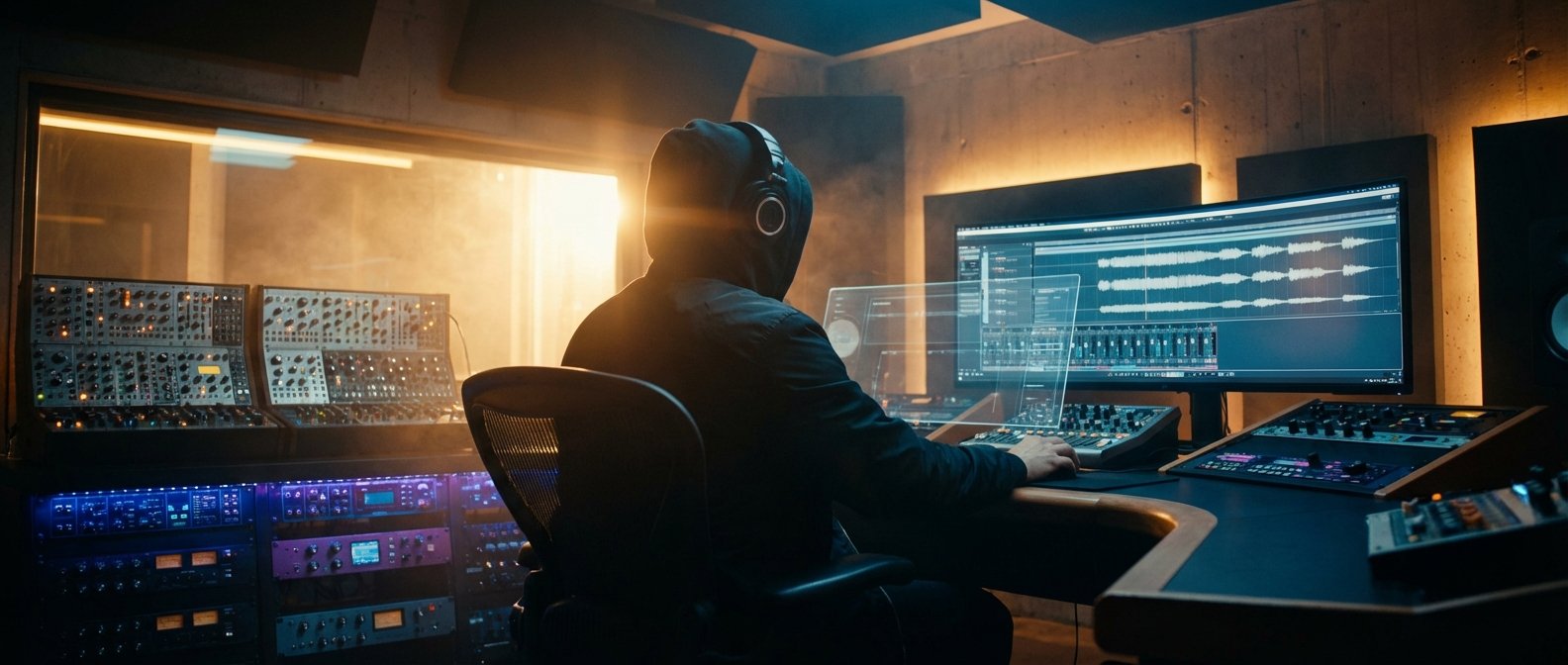 Un productor musical con auriculares y sudadera trabaja en un estudio de grabación profesional, frente a una pantalla con software de edición de audio, un controlador transparente y racks de sintetizadores modulares iluminados.