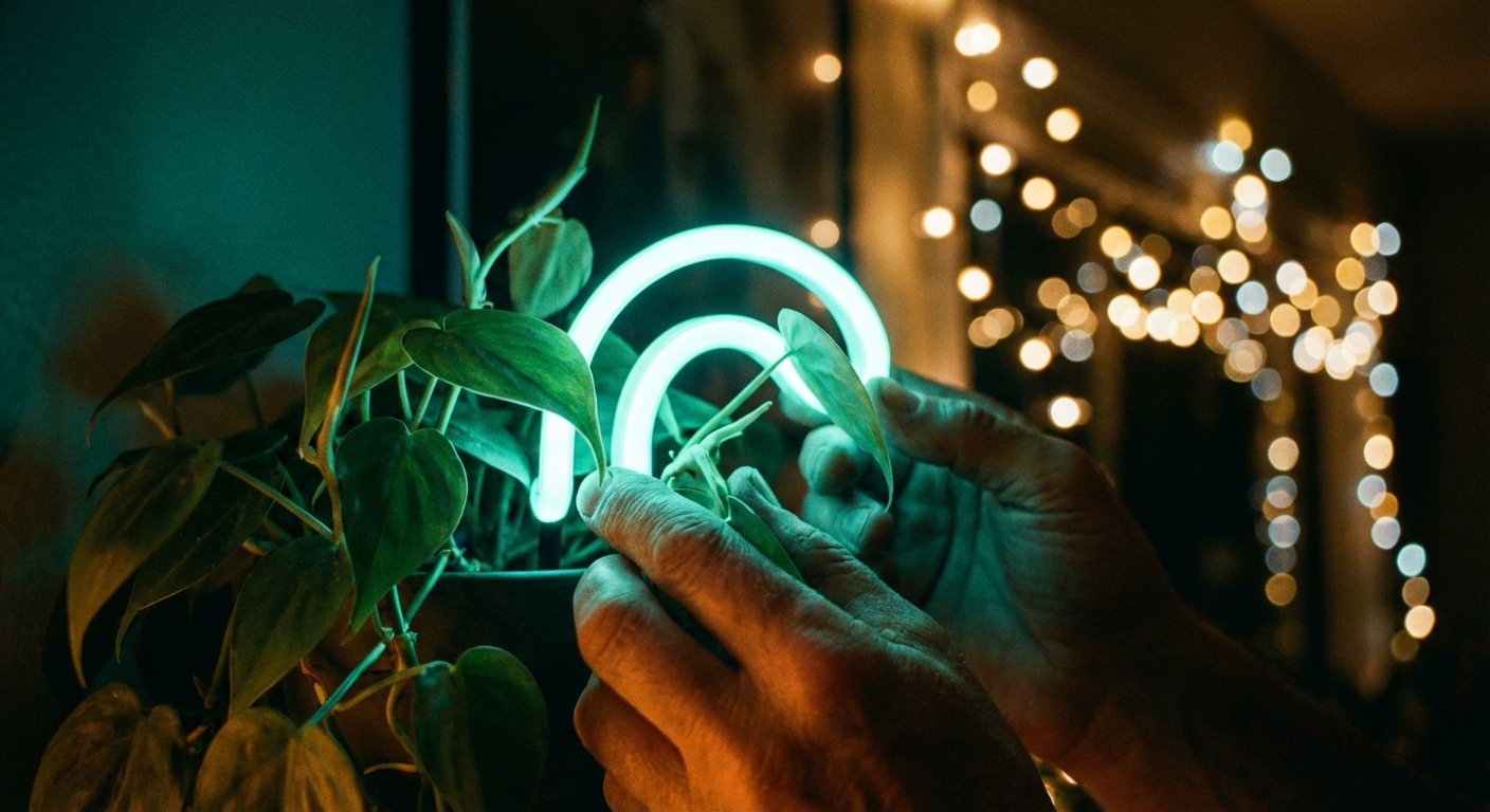 Manos cuidando una planta de interior iluminada por una luz de neón cian en forma de arcos. En el fondo, hay luces bokeh cálidas y frías.