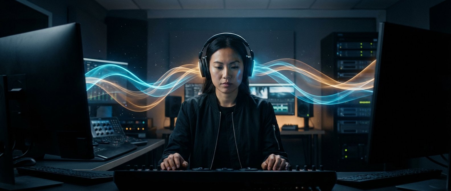 Mujer asiática joven con auriculares trabajando en una consola de mezcla en un estudio de postproducción con múltiples monitores y racks de servidores, con ondas de luz azules y naranjas emanando de sus auriculares.