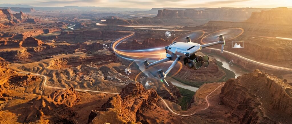 Drone plateado volando sobre un cañón rocoso con un río serpenteante, iluminado por la luz del atardecer. La imagen muestra efectos visuales de rutas de vuelo luminosas y hologramas de funciones de cámara.
