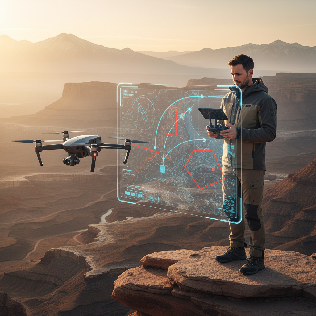 Un hombre operando un dron con un control remoto mientras observa una interfaz holográfica sobre un cañón al atardecer.