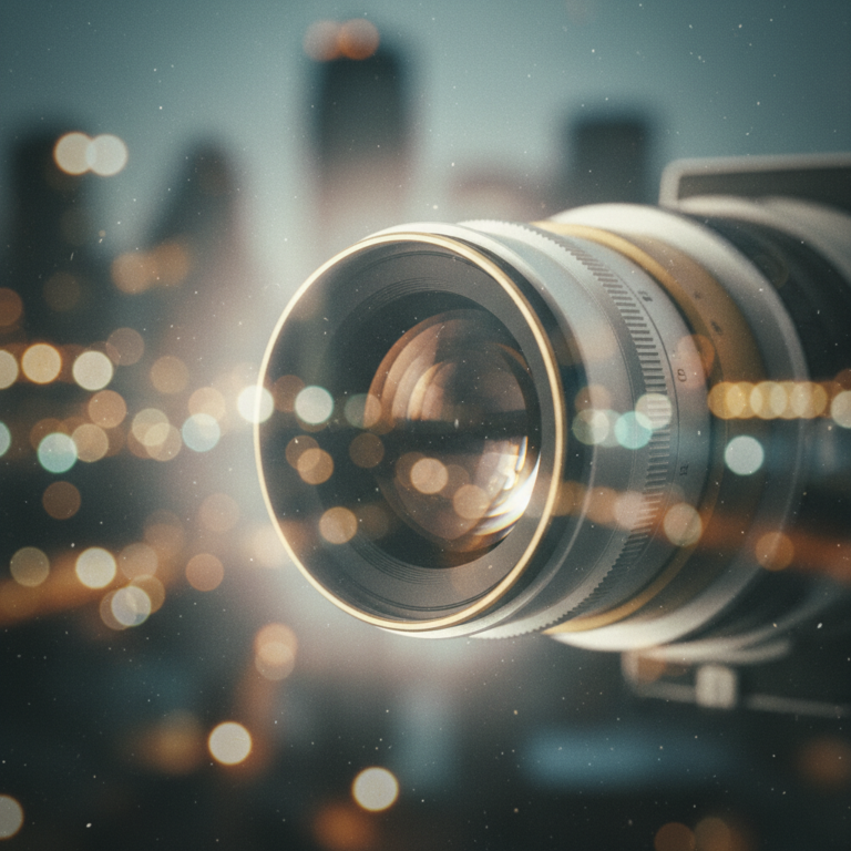 Lente de cámara fotográfica profesional superpuesto sobre un fondo de luces urbanas desenfocadas.