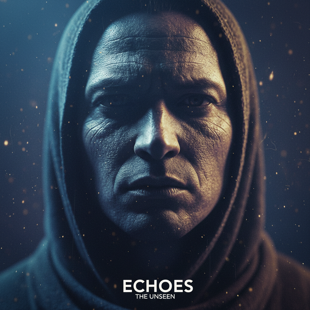 Primer plano frontal de un hombre de rostro serio con capucha, iluminado con tonos azulados y dorados sobre un fondo con partículas brillantes.