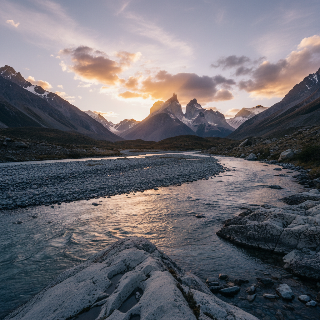 Paisaje de montaña con picos nevados, río pedregoso y luz de atardecer.