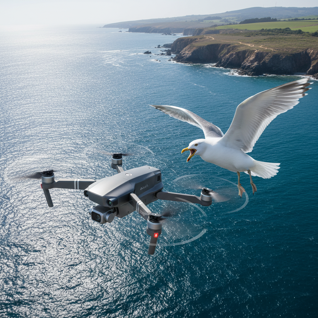 Una gaviota volando cerca de un dron sobre el mar frente a una costa rocosa.