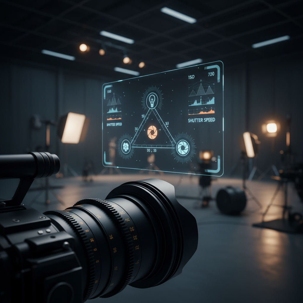 Cámara de cine profesional grabando en un estudio con una interfaz holográfica que muestra los ajustes de exposición, ISO y velocidad de obturación.