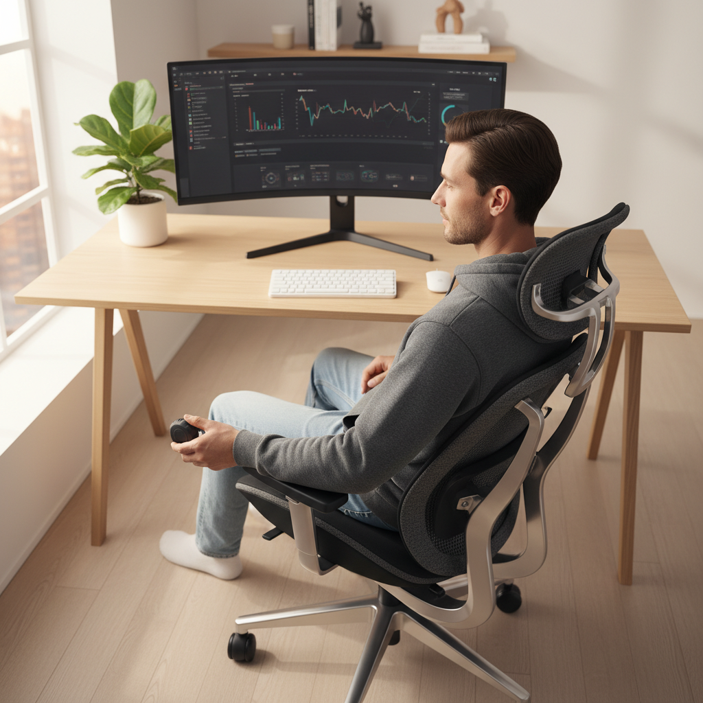 Hombre trabajando en una computadora con monitor curvo sentado en una silla ergonómica de oficina frente a una ventana.