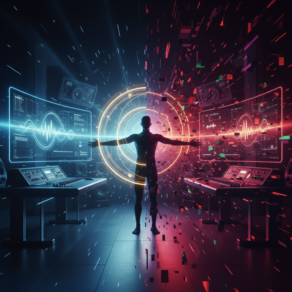 Silueta humana central rodeada por una interfaz digital futurista con ondas de sonido y consolas de mezcla en un entorno de alta tecnología.
