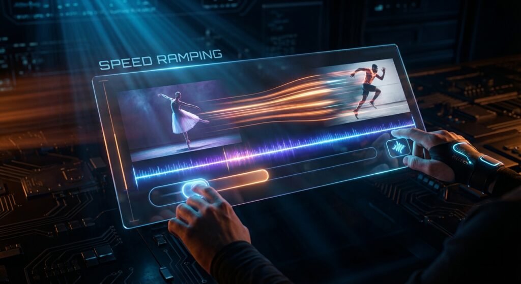 Manos con guantes tecnológicos editan un video de speed ramping en una pantalla táctil transparente, mostrando una transición de una bailarina a un corredor con efectos de movimiento.