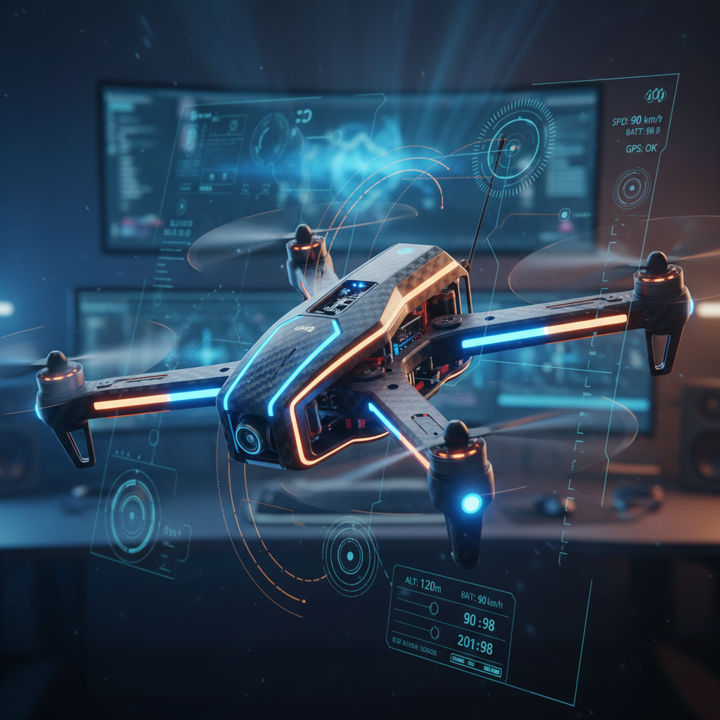 Dron tecnológico de fibra de carbono flotando en una oficina oscura con pantallas que muestran datos y una interfaz de control holográfica.