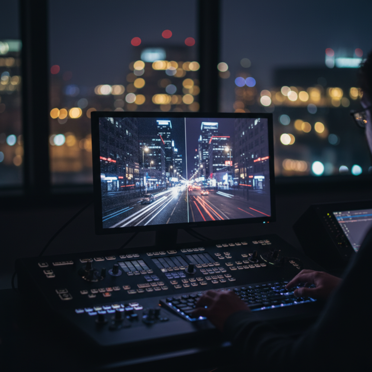 Persona trabajando en una consola de control con monitores que muestran el tráfico urbano nocturno de una ciudad.