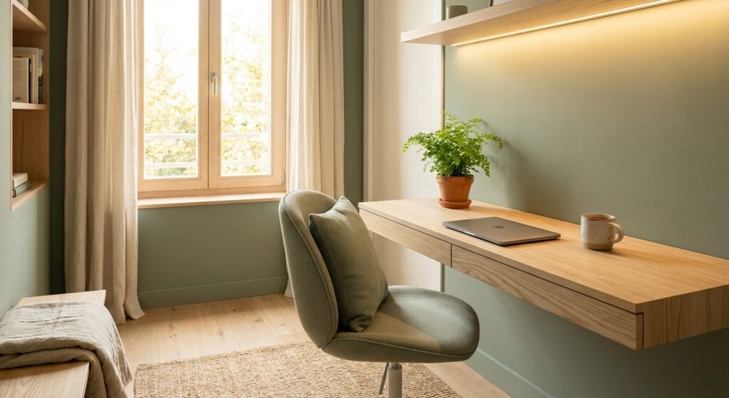 Un moderno espacio de oficina en casa con paredes verde salvia. Incluye un escritorio flotante de madera con un portátil, una planta y una taza, iluminado por una luz LED bajo un estante superior. Una silla de oficina de tela verde con cojín está frente al escritorio. A la izquierda, una ventana con marcos de madera y cortinas beige, junto a una estantería de madera empotrada. El suelo es de madera clara con una alfombra de yute.}
