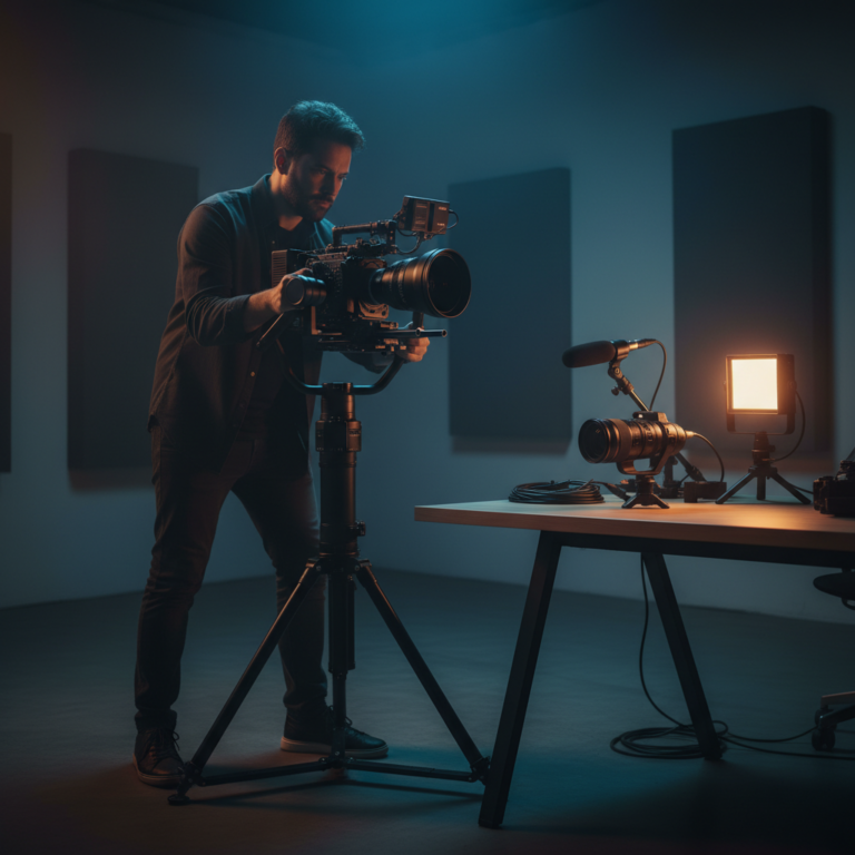 Videógrafo profesional operando una cámara de cine en un estudio con iluminación cinematográfica y equipo de grabación en una mesa.