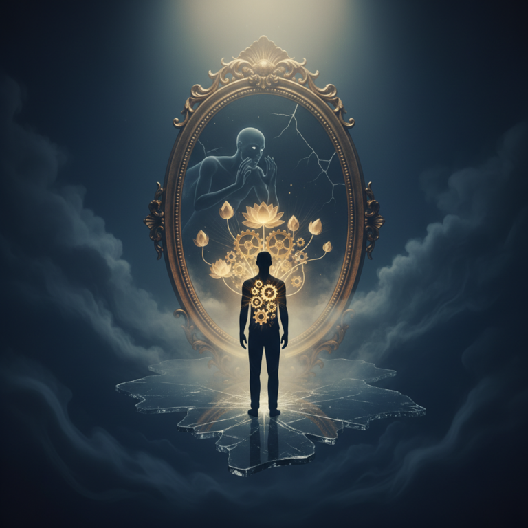 Silueta humana frente a un espejo ornamentado donde se refleja una figura etérea rodeada de flores de loto y engranajes mecánicos brillantes.