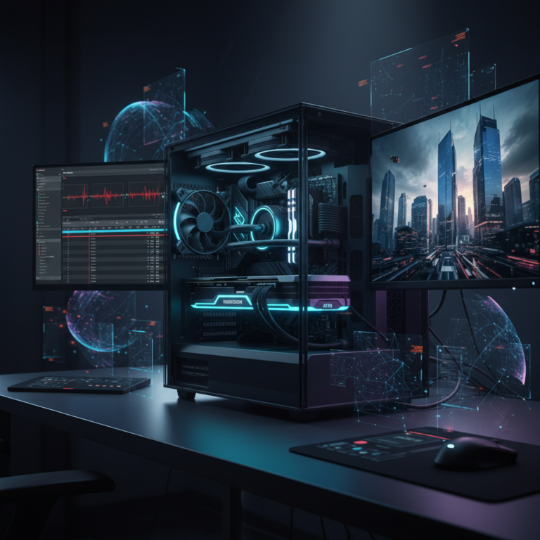 Torre de ordenador de alta gama con iluminación LED azul en un escritorio oscuro junto a dos monitores con interfaces gráficas y paisajes urbanos.