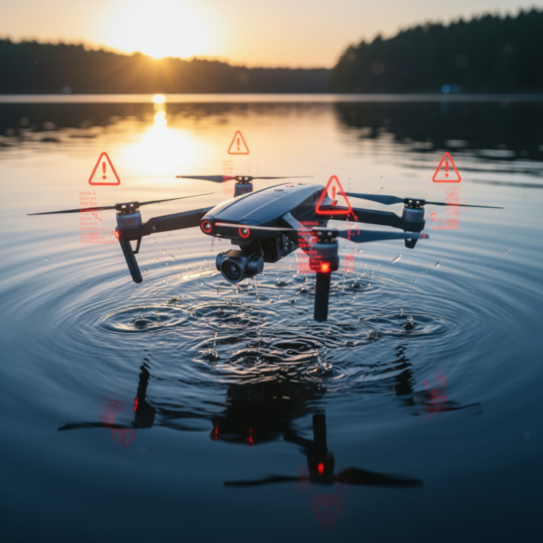 Dron sobrevolando un lago al atardecer con iconos de advertencia digitales superpuestos.