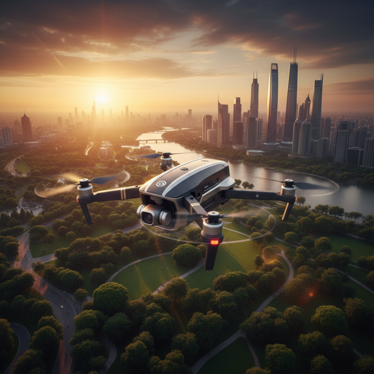 Dron volando sobre un parque urbano con un río y rascacielos al atardecer.