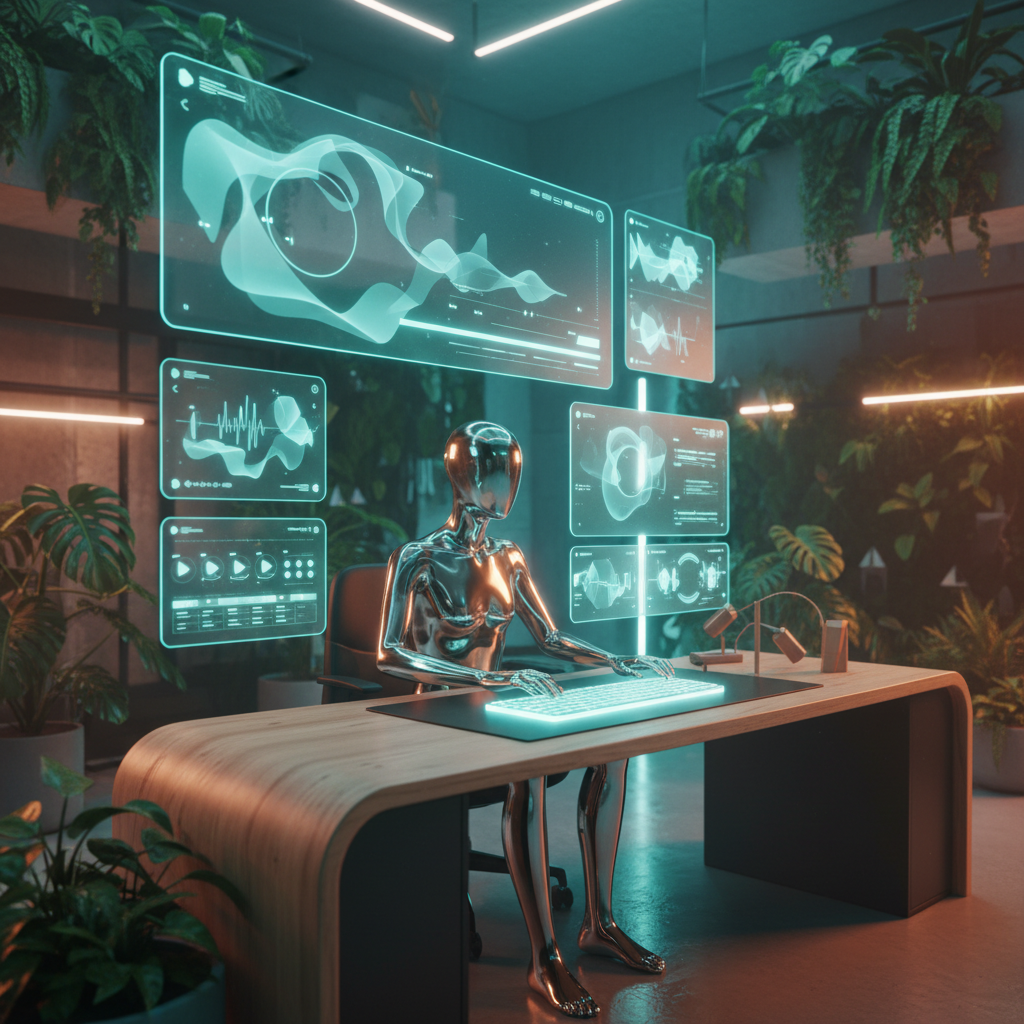 Un robot humanoide de superficie metálica sentado a un escritorio de madera interactuando con paneles de datos holográficos en una oficina llena de plantas.