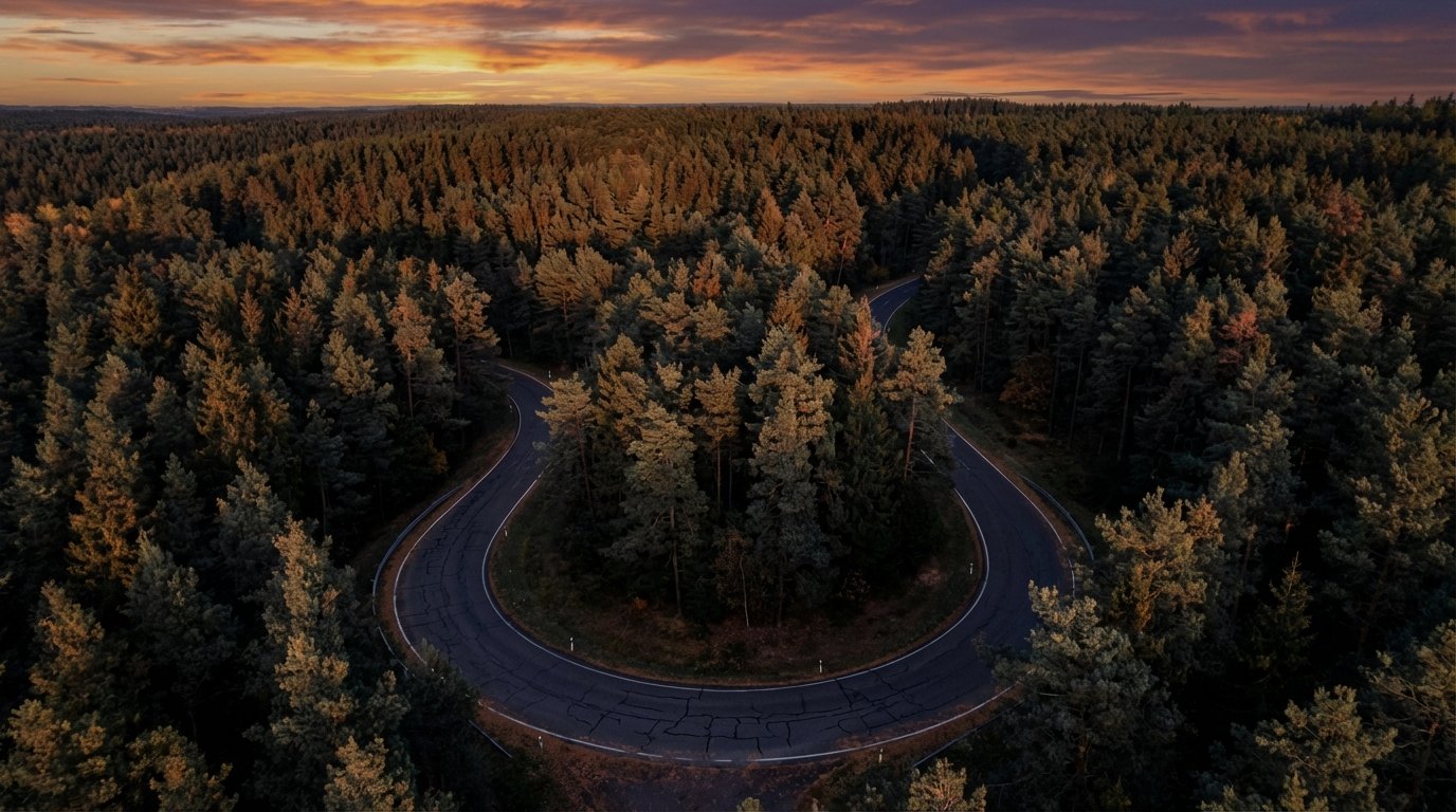Vista aérea de una carretera con curva pronunciada que se adentra en un denso bosque de pinos, bajo un cielo de atardecer con tonos anaranjados y morados, y la luz dorada iluminando las copas de los árboles.