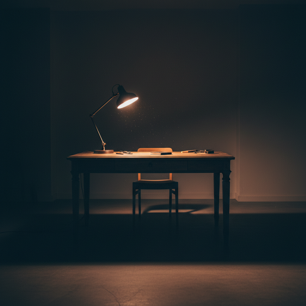 Lámpara de escritorio iluminando una mesa de madera vacía con una silla en una habitación oscura.