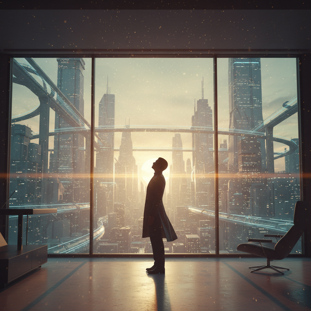 Hombre de pie mirando hacia una ciudad futurista con rascacielos y estructuras elevadas al atardecer desde una oficina moderna.