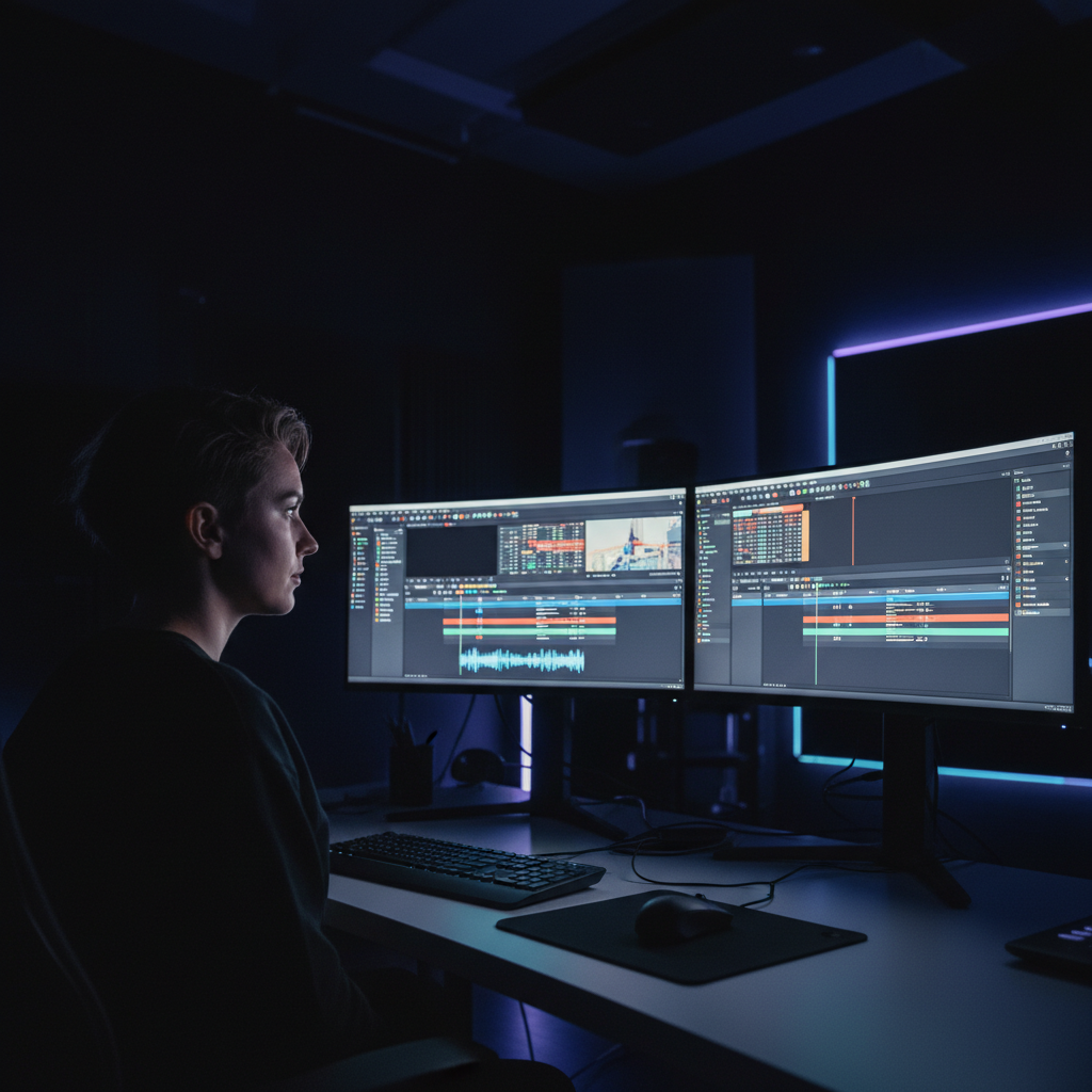 Persona trabajando frente a dos monitores con software de edición de video en una habitación oscura.