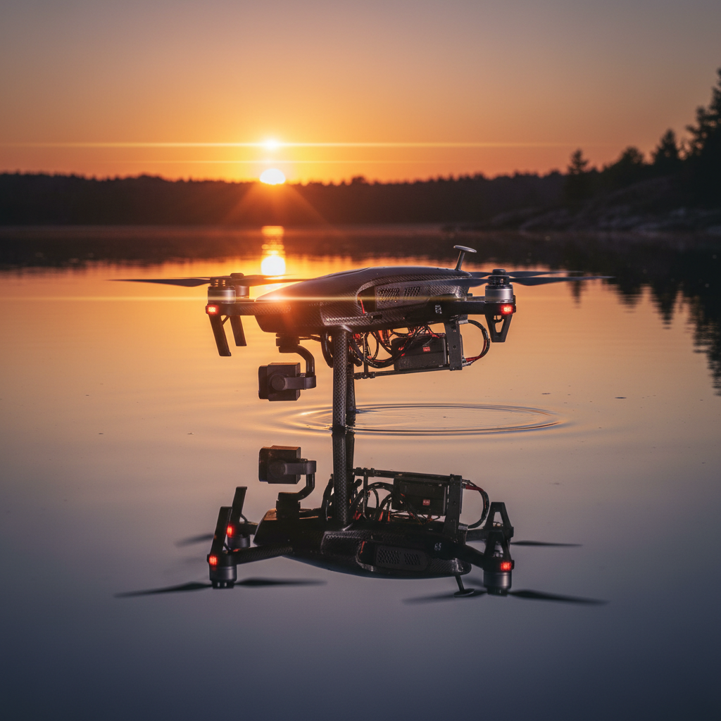 Dron sobrevolando la superficie de un lago en calma durante un atardecer.